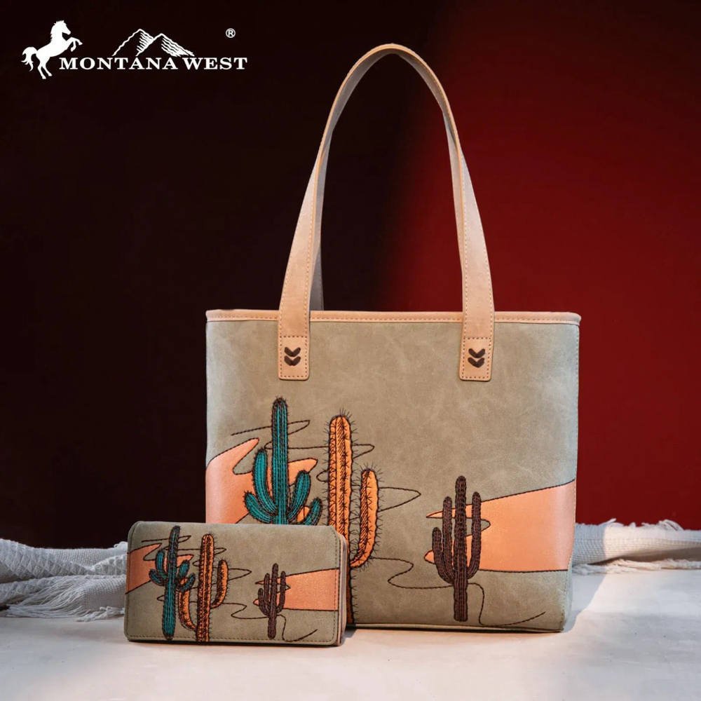 Montana West Embroidered Tote with Wallet Set Green